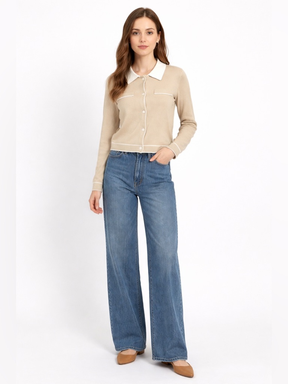 Emerson Lang Young Contemporary Classic Polo Beige Cardigan Sweater Size Large